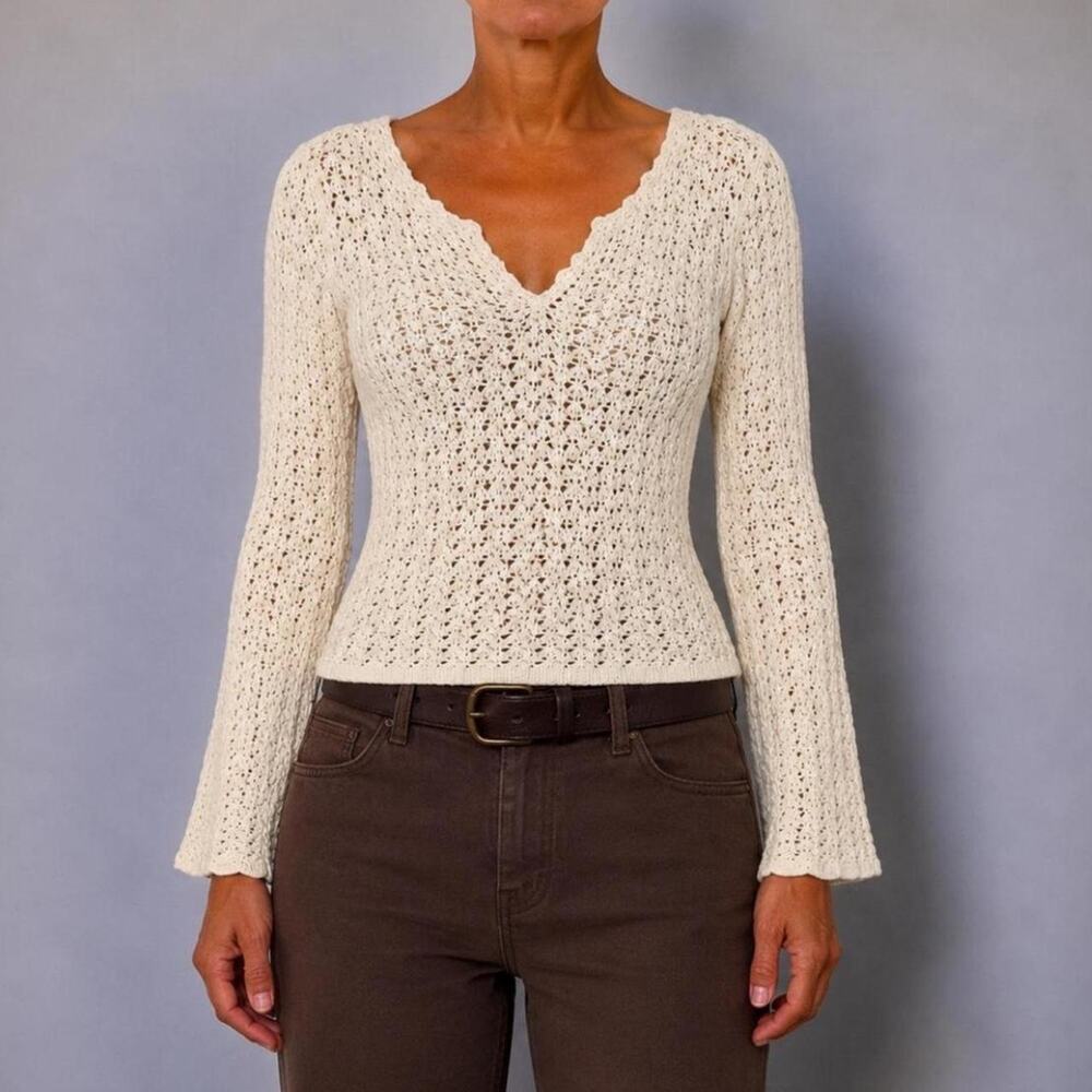 Vintage Ann Taylor Cream 100% Mercerized Cotton Crochet Knit Coastal Tunic Top S